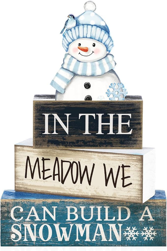 Yuntau 4 Pcs Winter Table Decoration Blue Snowman Decor Winter Tiered Tray Decor Christmas Centerpiece Decorative Wooden Snowman Block Sign Decoration for Home Kitchen
