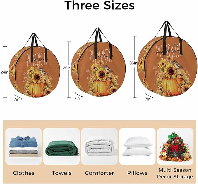Hello Pumpkin Round Storage Bag 36 Inch, Thanksgiving Retro Sunflowers Clothes Storage Container with Handles Heavy Duty Organizer for Comforter, Bedding & Holiday Wreaths