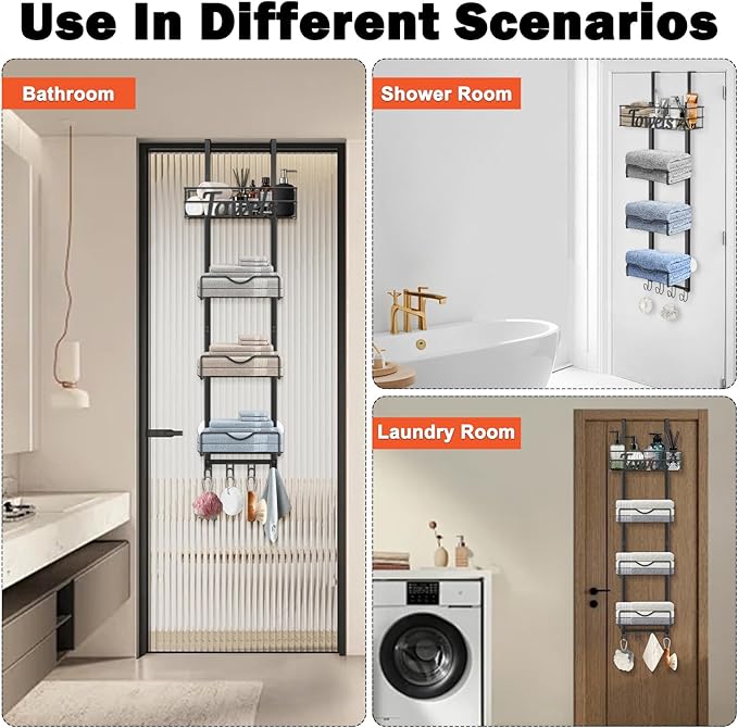 HarJue Over The Door Towel Racks, No Drill Towel Storage with Basket & Hooks, Space-Saving Multi-Functional Towel Holder for Bathrooms, bedrooms, Apartments, RVs (Matte Black, 5 Tier)