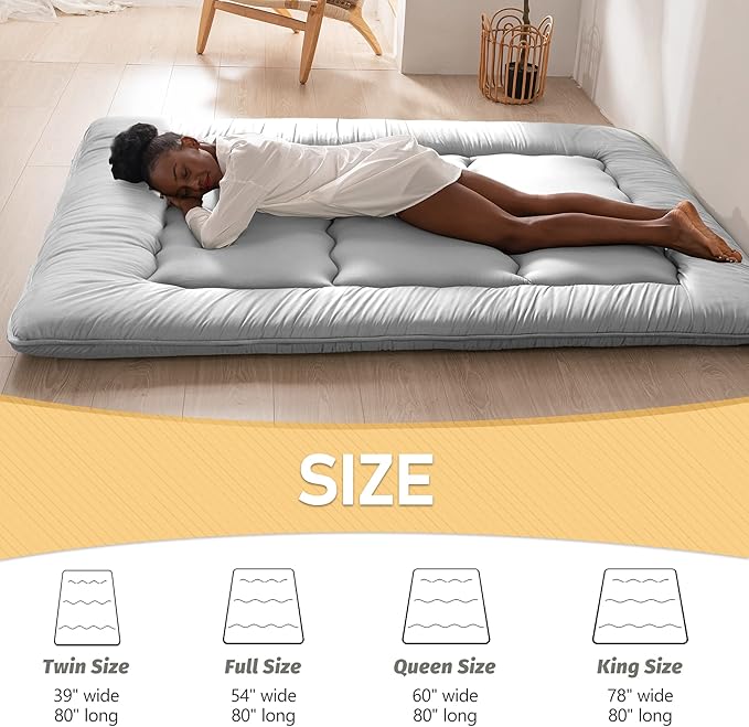 MAXYOYO Japanese Floor Mattress Futon Mattress, Thicken Futon Roll Up Guest Mattress Thicken Sleeping Pad Foldable Tatami Mat Floor Lounger Cushion and Sofas, Grey, Queen