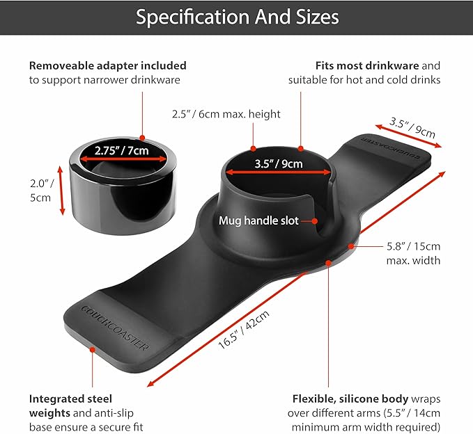 HIT PRODUCTS CouchCoaster® - Original & Patented Armrest Couch Cup Holder, Steel Grey - A Weighted, Silicone, Anti Slip Coaster Stops Spills On Your Sofa, Armchair Or Recliner & Keeps Drinks in Reach