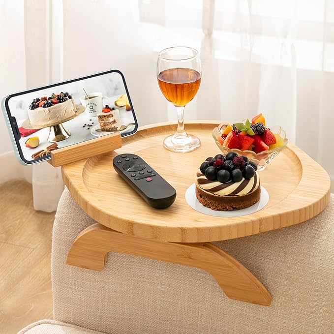 SINWANT Couch Arm Table,Large Bamboo Sofa Clip on Tray Tables with 360° Phone Holder,Foldable Couch Armrest Table, Folding Snack Eating Drink on Armrest