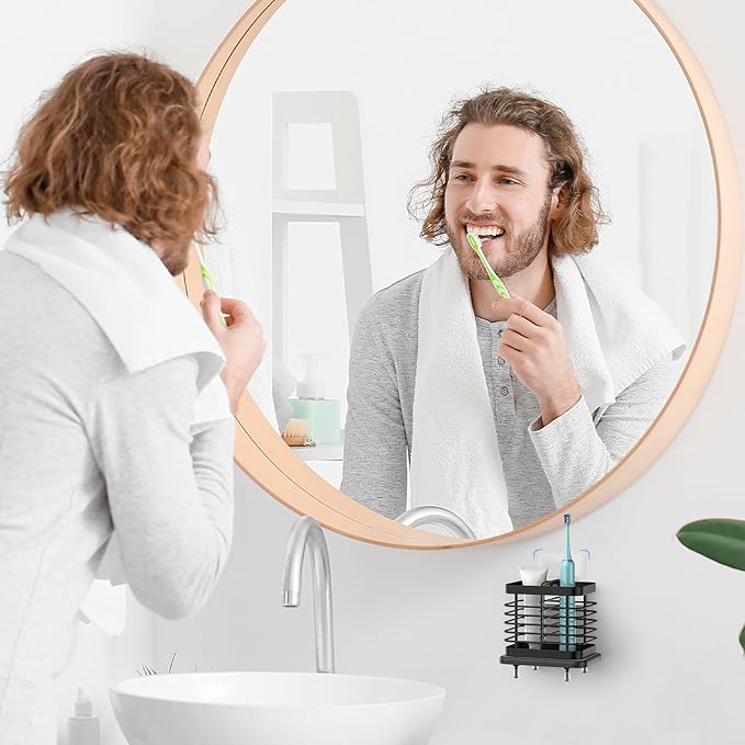Toothbrush Holders for Bathroom, Adhesive Electric Toothbrush Holder with Fast Dry Tray Wall Mounted Toothbrush Holder Shower Toothpaste Bathroom Organizer Essentials, 2 Slots, Black