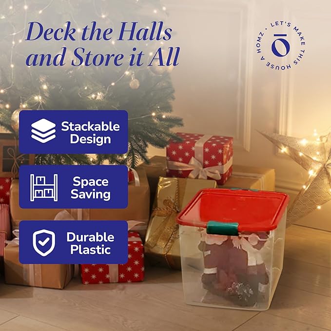 HOMZ 4-Pack Holiday Tote, Clear Plastic Storage Bins w/ Lids & Dividers, 31 Quart, Red - Stackable Organizing Containers for Home, Garage, and Office