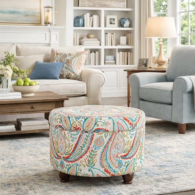 Homepop Home Decor | Upholstered Round Storage Ottoman | Ottoman with Storage for Living Room & Bedroom, Bold Paisley