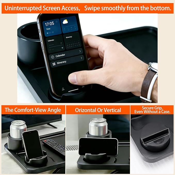 DUMOS Couch Arm Tray, 3 in 1 Clip on Sofa Arm Tray with 360° Rotating Phone Holder, Foldable Couch Armrest Table for Drinks & Snacks, Deep Black