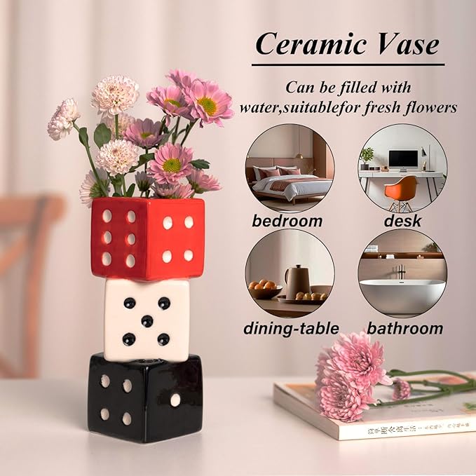 MOUGIGI Funky Dice Vase - Unique Ceramic Home Decor for Bars| Stylish Black, White & Red Geometric Design | Perfect for Fresh, Dried, or Artificial Flower Arrangements | Ideal Gift for Art Lovers