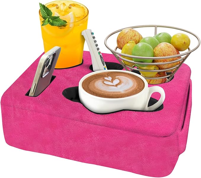 Couch Bed Cup Holder Pillow, Nisdoing 5 Hole Couch Drink Holder! Keep Drinks Hand Side and KeepTemp, Prevent Spills and Use Anywhere. Cup Holder for Couch, Bed,Camping,RV,Car,Beach.Pink