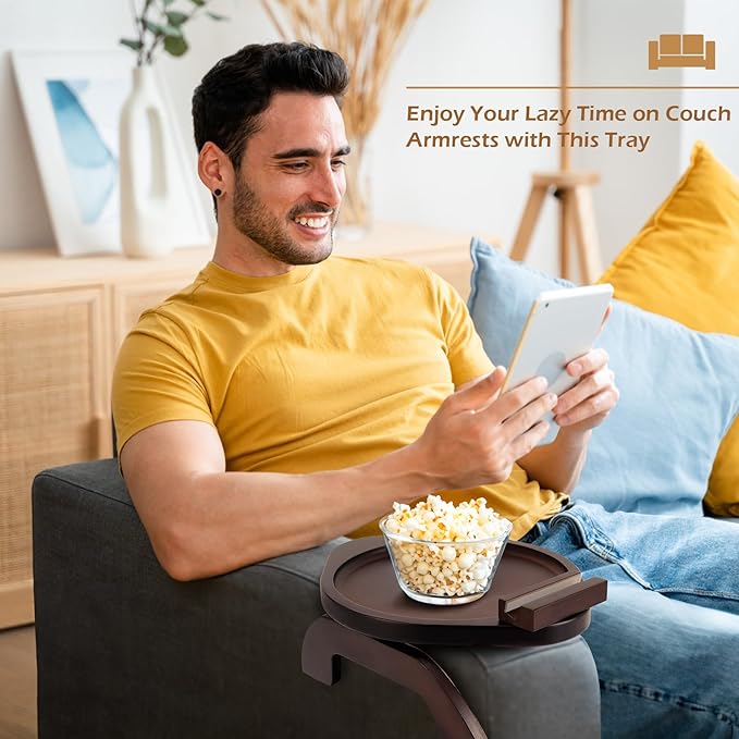 SINWANT Couch Arm Table, Bamboo Round Sofa Clip on Tray with 360° Phone Holder,Foldable Couch Armrest Table Eating on Chair Recliner for Snack Drink