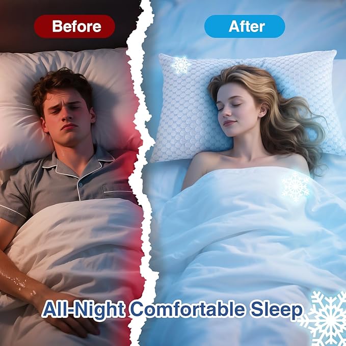 Favocama Cooling Pillow for Sleeping, Shredded Memory Foam Pillows Standard Size Set of 2, Double Sided Cooling Bed Pillows for Hot Sleepers, Side Back and Stomach Sleepers with 4 Covers