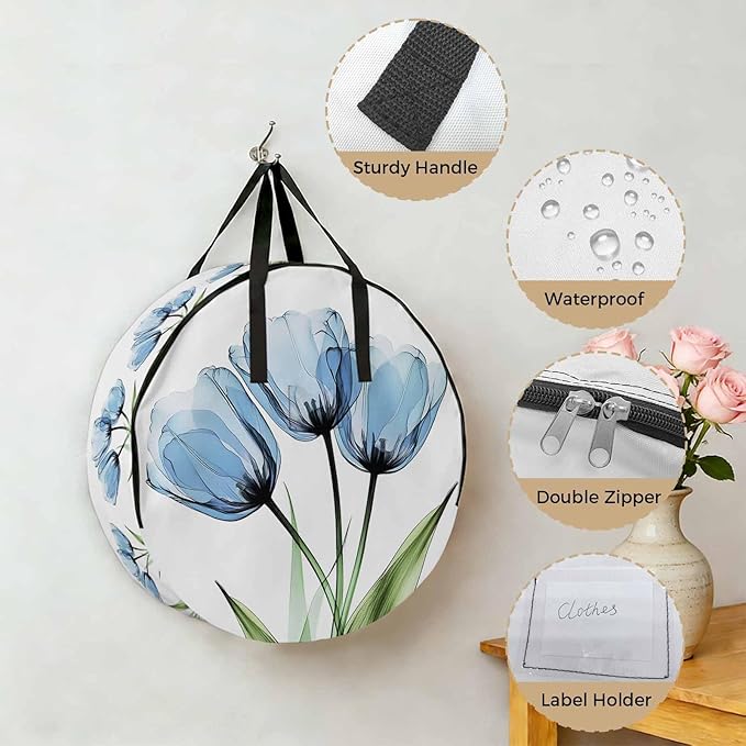 Blue Tulip Round Storage Bag 36 Inch, Country Flower Farmhouse Clothes Storage Container with Handles Heavy Duty Organizer for Comforter, Bedding & Holiday Wreaths