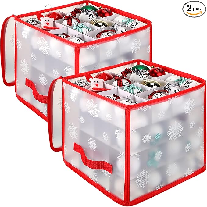 Saintrygo 2 Pcs Christmas Ornament Storage Box Christmas Storage Containers with 64 Compartment Zippered Bauble Vinyl Plastic Ornament Box with Handles, 12 Inch(Snowflake Style)