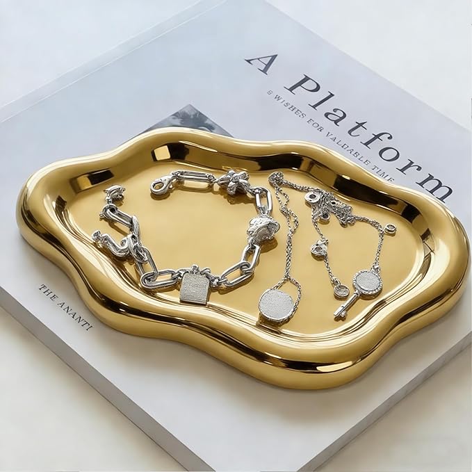 Jewelry Tray for Women, Cloud Shape Ceramic Trinket Dish, Jewelry Organizer Storage Holder for Ring Earring Bracelet Necklace, Make Up Organizer (White) (Gold)