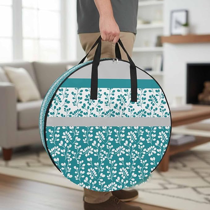 Storage Bag Turquoise Grey Leaves Round Storage Totes Bins Closet Organizers with Zippers & Handle Stitching Stripes Clothes Storage Container for Bedroom Dorm Space Saving Packing Supplies Bags