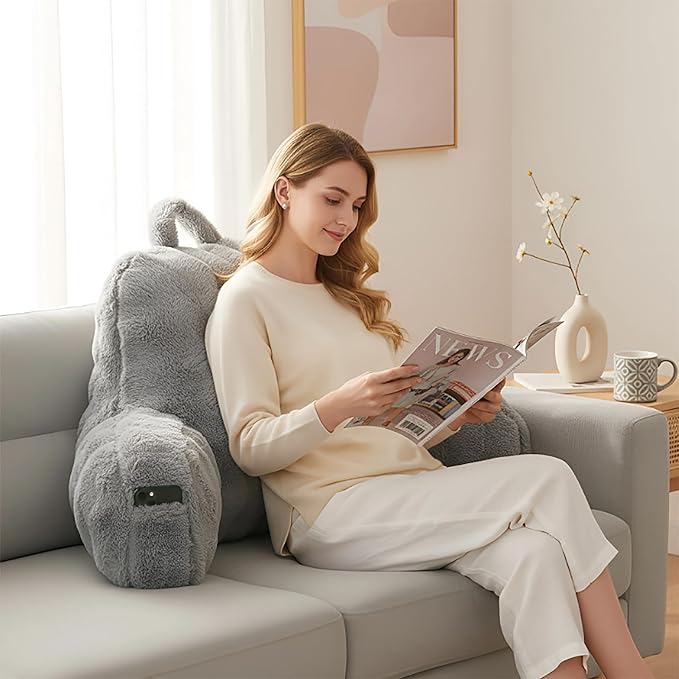 Yaoshuho Faux Fur Reading Pillow for Sitting in Bed, Large Backrest Bed Pillow with Arms, Back Support Pillow for Lounging Bedrest, Gray