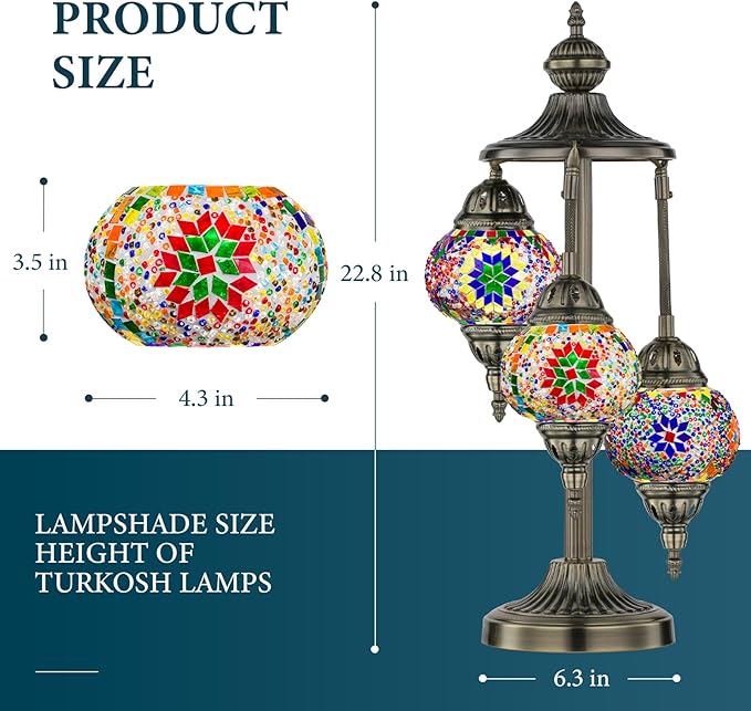 Marrakech Turkish Lamp 3 Globes Moroccan Table Lamp with Bronze Base, 23" Tall Handmade Colorful Tiffany Mosaic Glass Night Light Fixture Including LED Bulb for Living Room Bedroom Decor