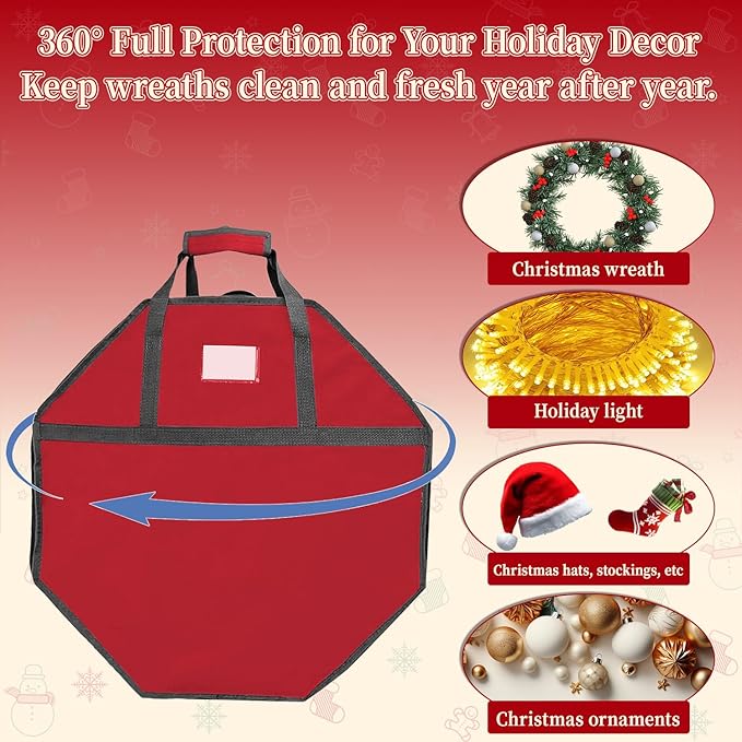 KYEVIS Christmas Wreath Storage Container, 24 Inch Tear-Resistant Dustproof Wreath Bag with Interior Pockets & Dual Handles and Zipper for Garland Ornament Holiday Decor Organizer