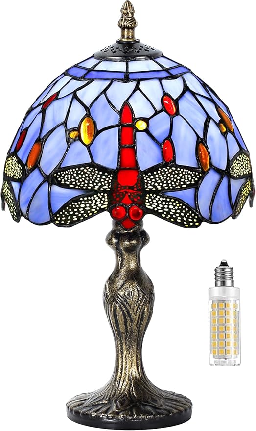 MIAOKE Stained Glass Table Lamp,Stained Glass Crystal Bead Style Table Light, Handmade Desk Bedside Night Light, Antique Art Craft Gifts Lover Living Room Bedroom Bookcase(Blue Dragonfly)