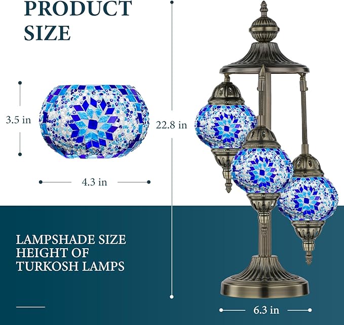 Marrakech Turkish Lamp 3 Globes Moroccan Table Lamp with Bronze Base, 23" Tall Handmade Blue Tiffany Mosaic Glass Night Light Fixture Including LED Bulb for Living Room Bedroom Decor