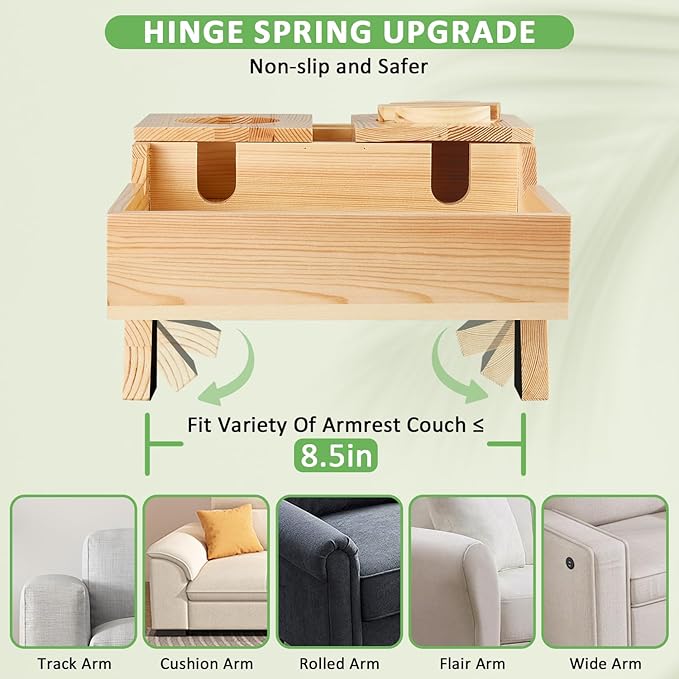 Couch Armrest Table, Sofa Arm Tray with Cup Holder w/360° Rotated Phone Holder, Pine Wood Sofa Arm Clip-On Side Table for Drink Snack Remote Holder
