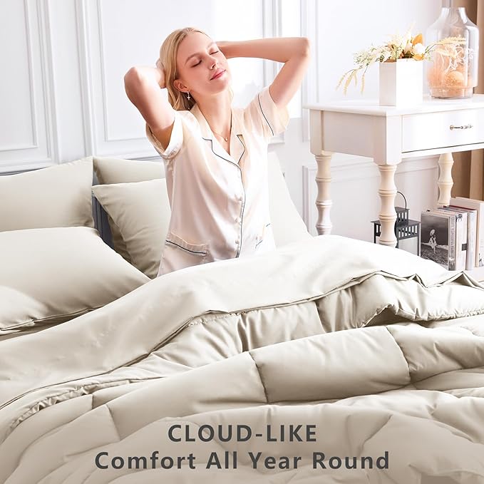 CozyLux Full Size Comforter Sets Beige, 7 Pieces Bed in a Bag, Beige Comforter Full Size, All Season Bedding Sets with Stitch Quilted Comforter, Flat Sheet, Fitted Sheet, Pillowcases