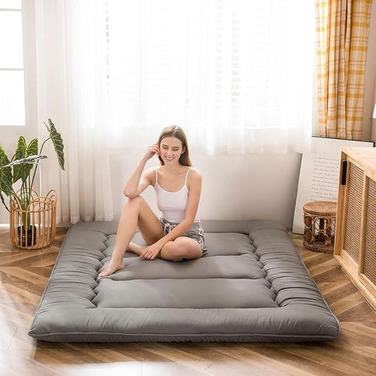MAXYOYO Japanese Floor Mattress Futon Mattress, Thicken Tatami Mat Sleeping Pad Foldable Roll Up Mat for Boys Girls Dormitory Kids Floor Couch, Charcoal Grey, Twin