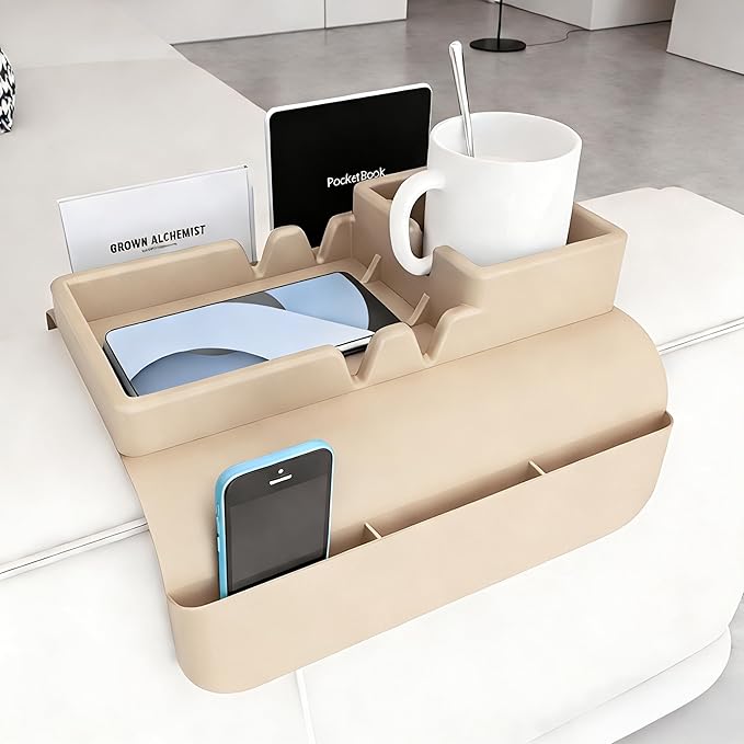 Couch Arm Cup Holder - Silicone Sofa Armrest Tray with 5 Side Pockets, Anti-Slip Armrest Recliner Armchair Caddy, Sofa Table Organizer for Drinks Tablet Remote Snacks Cellphone Cup (Apricot)