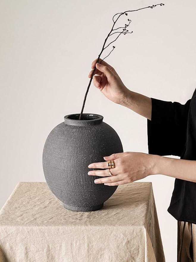 Large Blak Ceramic Vase - 9.8 Inch Rustic Farmhouse Flower Vase for Home Decor, Minimalist Tall Vases for Living Room, Table, Bathroom, Holiday & Weddings (Sandstone Black)