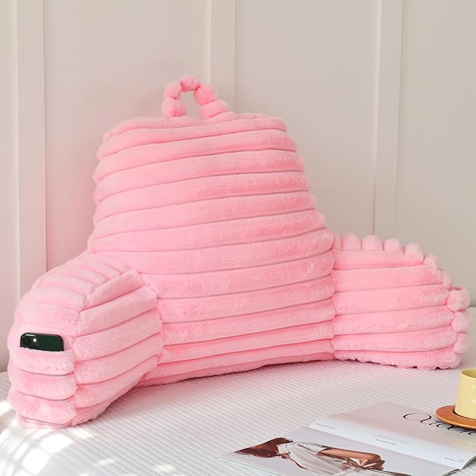 Yaoshuho Large Reading Pillow for Adults, Back Support Pillow for Sitting Up in Bed with Arms, Couch for Lounging Bedrest, Pink