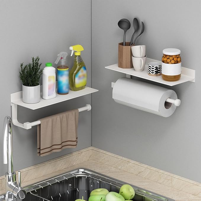 Danpoo White Paper Towel Holder with Shelf Wall Mount, Adhesive Hand Towel Holder for Bathroom, Kitchen Towel Holder