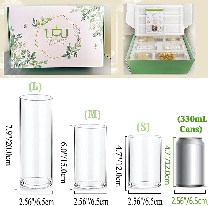 UDU 3 Set Glass Cylinder Vases for Centerpieces with 20000 Vase Filler 6 White Floating Candles 2 Pearl String for Wedding Party Home Table Decoration