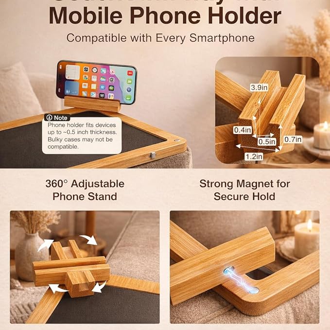 Couch Arm Tray Table with Adjustable Legs – Bamboo Sofa Arm Tray with Removable Phone Holder & Non-Slip Mat – Couch Armrest Table for Drinks, Snacks & Remote – Fits Sofa Arms up to 8.8"
