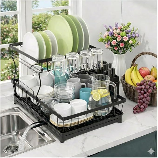 CEASIN 2 Tier Dish Drying Rack, Premium Alloy Steel Dish Drainer for Kitchen Counter, Drainboard & Cup Holder, Anti-Rust & Space Saving, Utensil Holder, Black Dish Drying Rack, 44.5x31.8x11.7