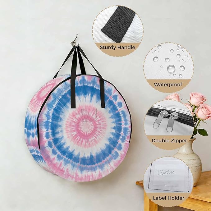 Storage Bag Blue Pink Tie Dye Round Storage Totes Bins Closet Organizers with Zippers & Handle Bohemian Tribal Style Clothes Storage Container for Bedroom Dorm Space Saving Packing Supplies Bags