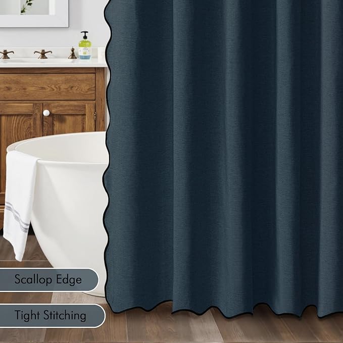MIULEE Navy Blue Scalloped Shower Curtain Linen Textured with 12 Metal Hooks Cute Heavy Duty Washable Waterproof Thick Cloth Shower Curtains with Black Border for Bathroom Hotel Bathtub,W72*L72