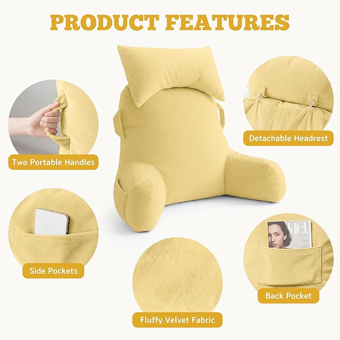 Unisakey Portable Reading Pillows with Headrest for Bed Sitting Up(Yellow Oeko-Tex), Velvet Back Pillow with Arms & Pockets for Adults, Support Memory Foam Bed Pillow for Dorm/Reading/Watching/Gaming