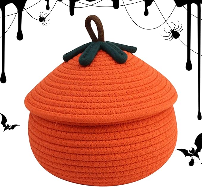 Pumpkin Basket with Lid, Halloween Woven Storage Basket Woven Storage Basket Halloween Pumpkin Design, Decorative Seasonal Rope for Keys, Books