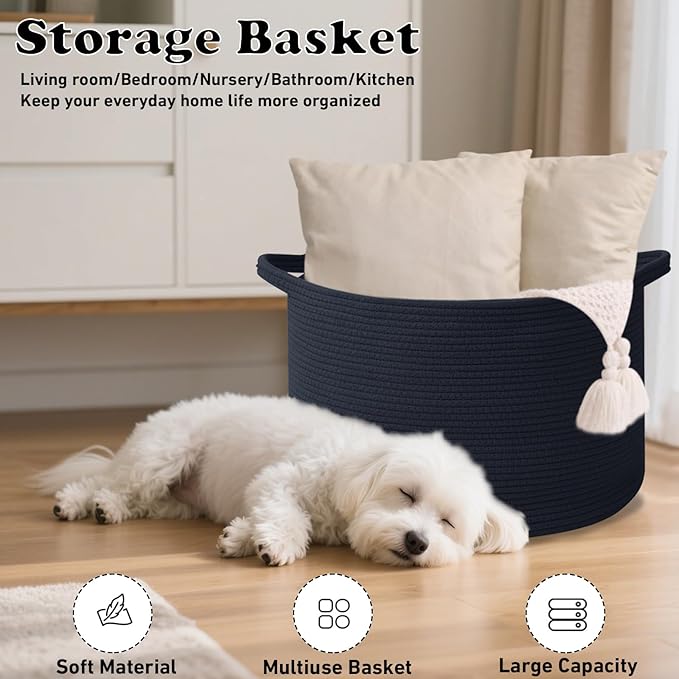 65L Large Blanket Basket,Cotton Rope Woven Storage Basket with Handles, Laundry Hamper for Toys, Clothes, Pillows & Towels, Perfect for Living Room, Nursery & Bedroom,Navy