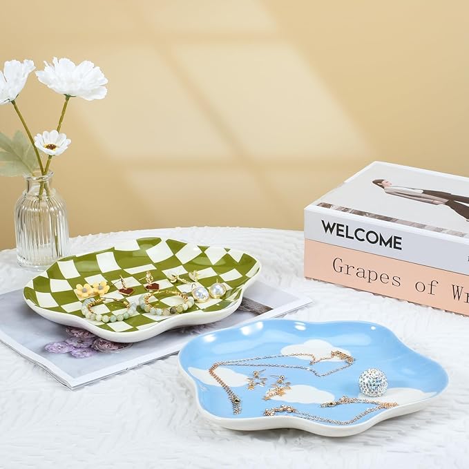 Koythin Jewelry Tray, Ceramic Jewelry Dish Trinket Tray Organizer, Clouds Aesthetic Decorative for Kitchen, Bathroom (Blue Sky and White Clouds)