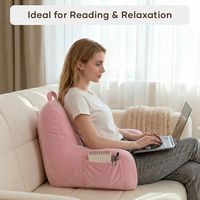NOONTIDE Reading Pillow for Sitting up in Bed and Couch,Large Back Pillow for Adult & Teens with Soft Adjustable Neck Roll Backrest Pillow,Washable Cover,Watching TV/Gaming/Relaxing(Pink)