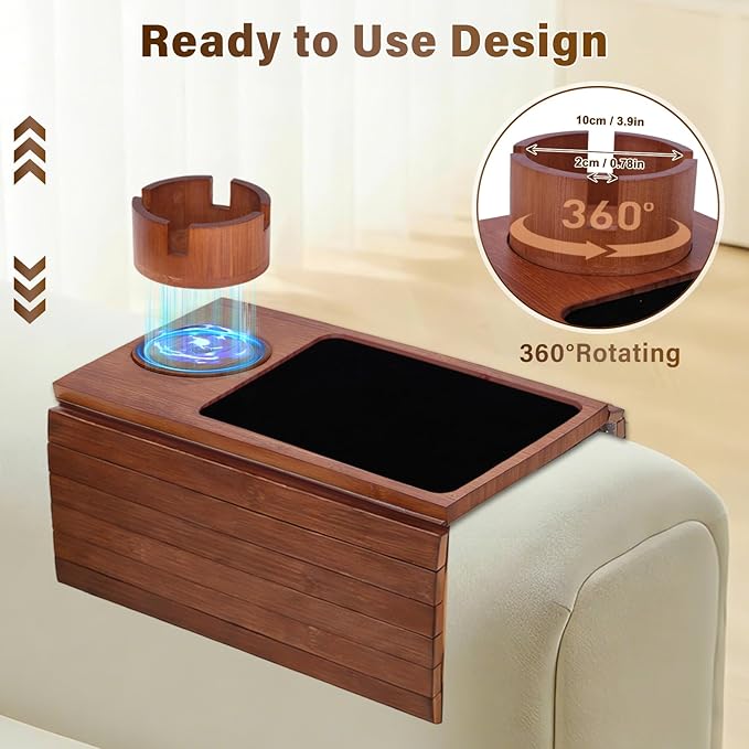 Couch Cup Holder Tray, 3-in-1 Bamboo Couch Armrest Table with 360° Rotating Magnetic and Detachable Phone Holder Stand, Foldable Anti-Slip Sofa Arm Tray for Remote, Phone, Snacks and Drinks