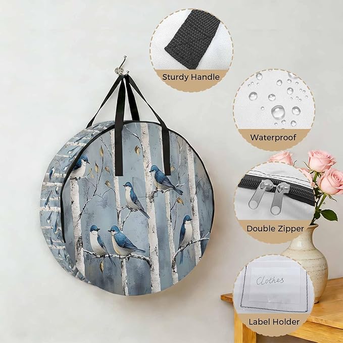 36 Inch Round Storage Bag 2 Pack,Spring Tree Trunk Branch Bird Waterproof Wreath Storage Container with Handles&Zipper Animal Leaves Oil Painting Closet Organizer Bags Garland Box
