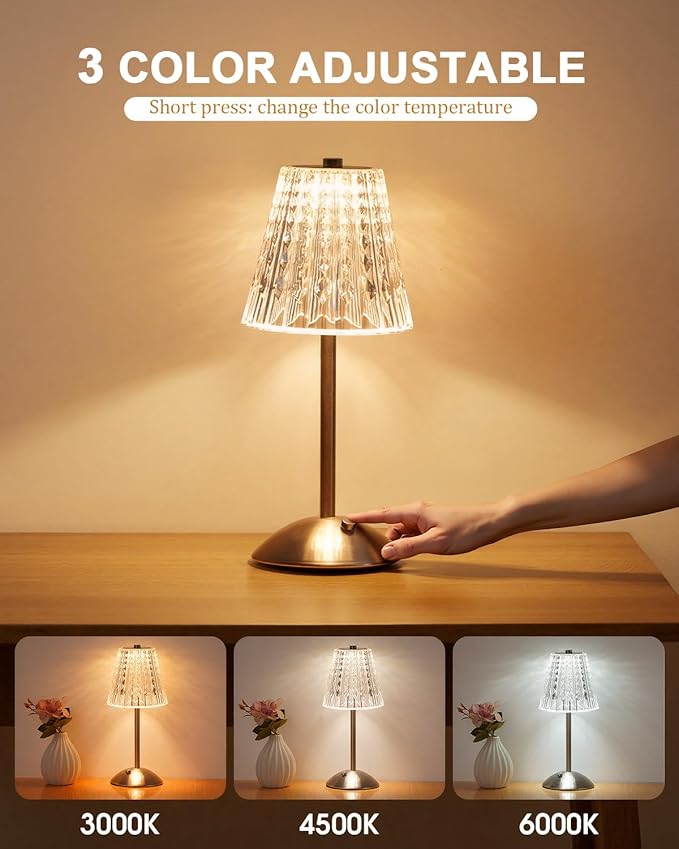 Nusogon Cordless Touch Table Lamp, LED Rechargeable Small Dask Lamp, 3 Colors Dimmable Battery Operated Crysta Lamp for Bedroom Restaurant Kitchen Home Decor,Silver