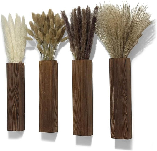 4-Piece Wooden Hanging Wall Vase Set with Pampas Grass and Eucalyptus Dried Flowers, Modern Farmhouse Home Decor for Living Room Entryway Bathroom Hallway Dining Room（Walnut）