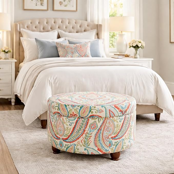 Homepop Home Decor | Upholstered Round Storage Ottoman | Ottoman with Storage for Living Room & Bedroom, Bold Paisley
