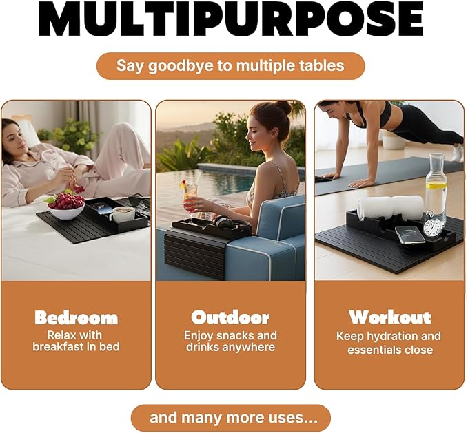 Bamboo Couch Cup Holder Tray, Sofa Arm Tray with Black Mat | Anti-Slip Foldable Sofa Armrest Table for Snacks, Drinks, Donuts, Phone & Remote - Lab Tray | Anti-Falling Couch Organizer