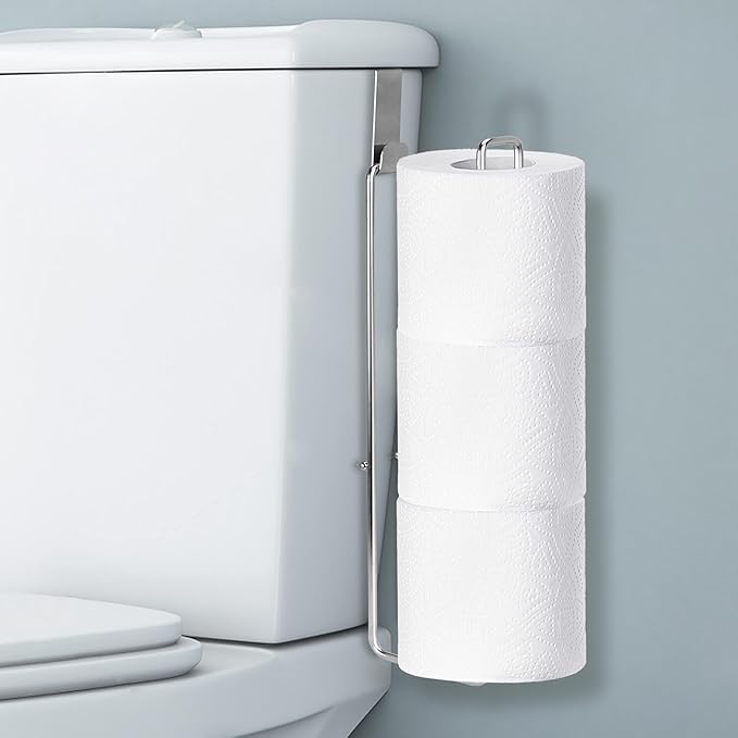 Bathroom Toilet Paper Holder with Storage Extra 3 Rolls, Over The Tank Toilet Paper Holder Wall Mount, Small Restroom Organizer, Adhesive RV Tissue Storage, Stainless Steel, Silver, 1PC