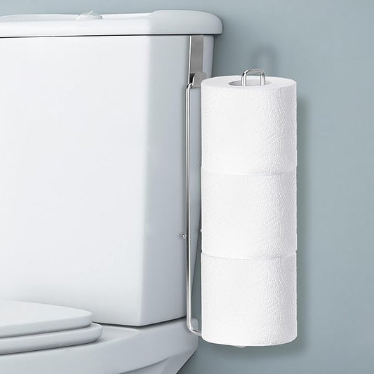 Bathroom Toilet Paper Holder with Storage Extra 3 Rolls, Over The Tank Toilet Paper Holder Wall Mount, Small Restroom Organizer, Adhesive RV Tissue Storage, Stainless Steel, Silver, 1PC