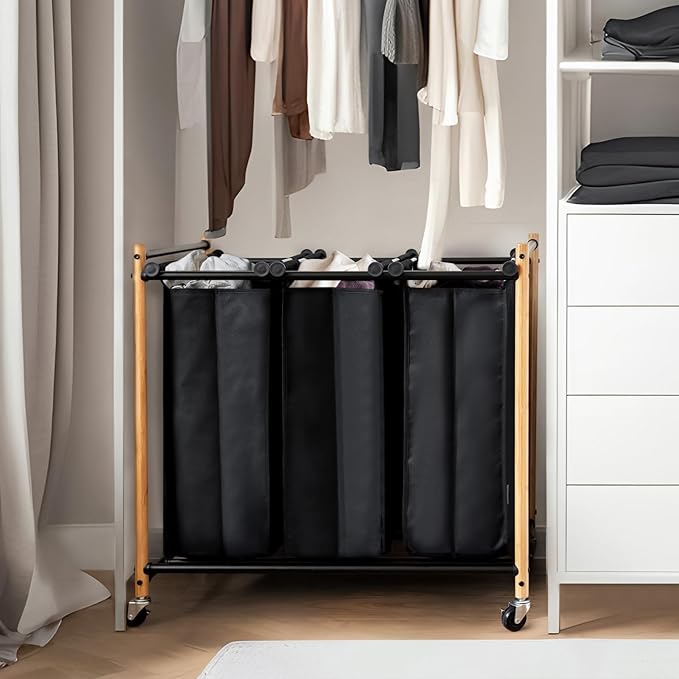 STORAGE MANIAC Laundry Sorter, Laundry Hamper with Wheels, Laundry Basket Sorter, Laundry Separator Hamper, Laundry Divider Hamper (Bamboo, 3 Section)