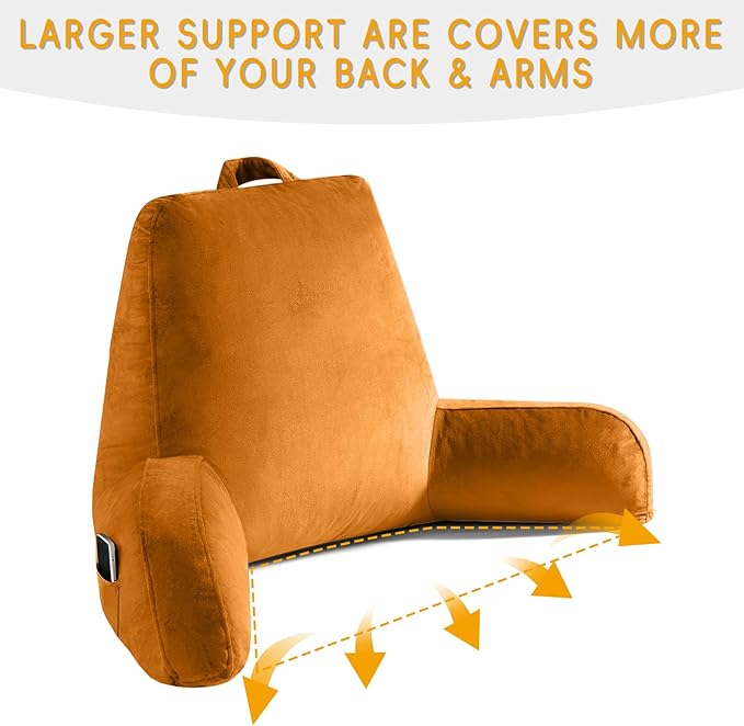 OAISZ Reading Pillow for Sitting in Bed Adult, X-Large Reading Pillow with Shredded Memory Foam, Back Pillow for Sitting Up with Extend Arms, Pockets, Bed Pillow with Washable Cover, Orange
